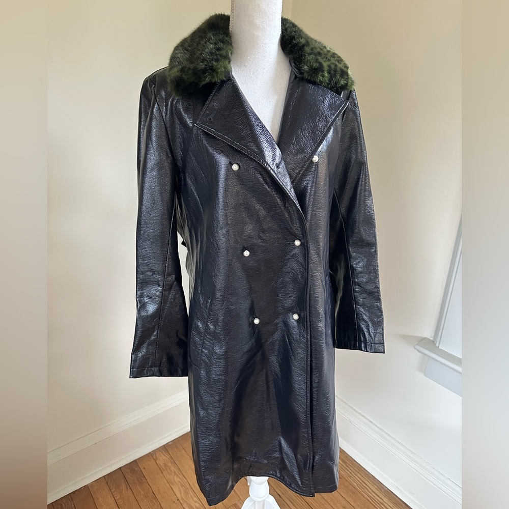 Shrimps Black Faux Leather and Fur Collar Coat size 12